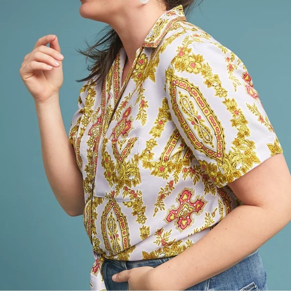 Anthropologie Maeve Echarpe Medallion Scarf Print Blouse Sz 6 Cropped Casual EUC - Picture 11 of 11